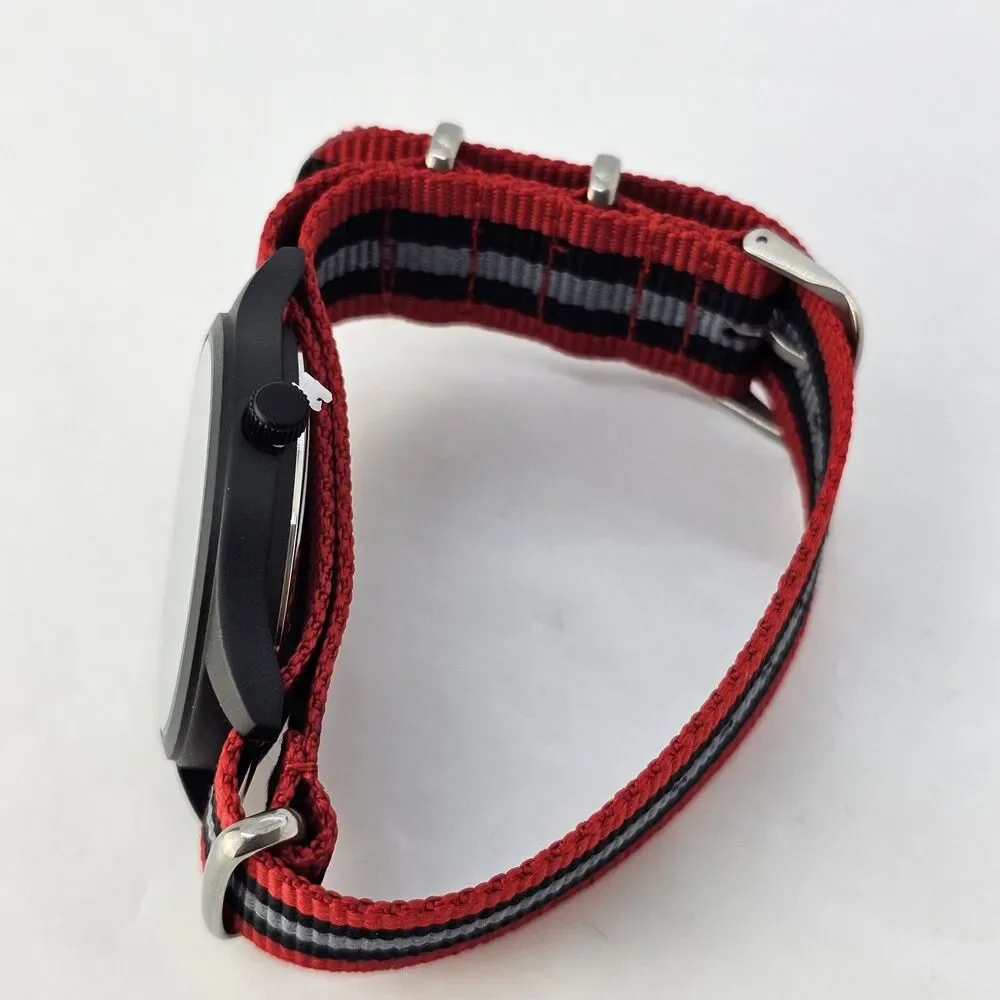 Field Men's Watch 42MM Black Case Black Dial Red Black Gray‎ Canvas Band Strap